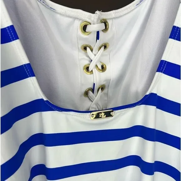 NWT Lauren Ralph Lauren Striped Lace-Up One-Piece - Picture 7 of 7